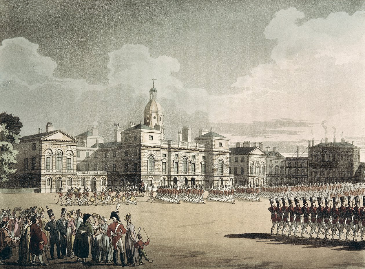 Guarda de montagem no parque de St. James, gravada por J. Bluck, pub. 1809 por "Repository of Arts" de Ackermann (gravura aquatinta) de Pugin and Rowlandson