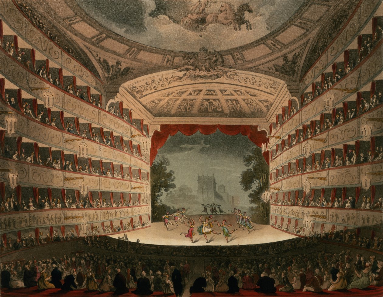 Novo Covent Garden Theatre, 1810, do "Microcosmo de Londres de Ackermann" (aquatint) de Pugin and Rowlandson