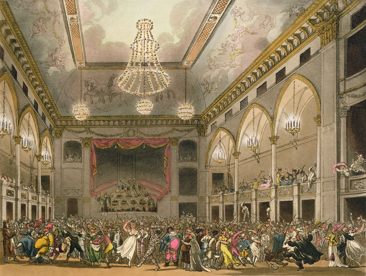 Panteão Masquerade de &39;Microcosmo de Londres de Ackermann&39;, gravado por John Bluck (fl.1791-1831) publicou 1800 (aquatint) de Pugin and Rowlandson