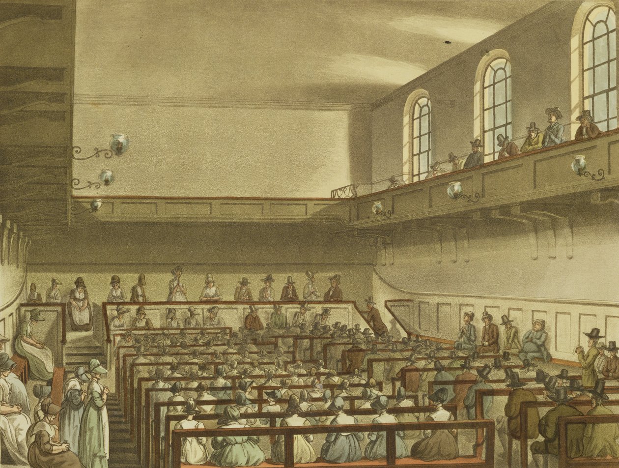 Encontro de Quaker do Repositório de Artes de Ackermann, fotografado por Joseph Constantine Stadler (fl.1780-1812), pub. em 1809 (aquatinta) (ver também 129727) de Pugin and Rowlandson