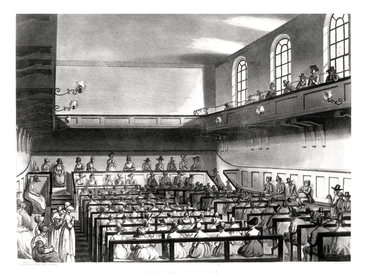 Encontro dos Quakers, do Repository of Arts de Ackermann, fotografado por Joseph Constantine Stadler (fl.1780-1812), pub. em 1809 (aquatinta) (veja também 50539) de Pugin and Rowlandson