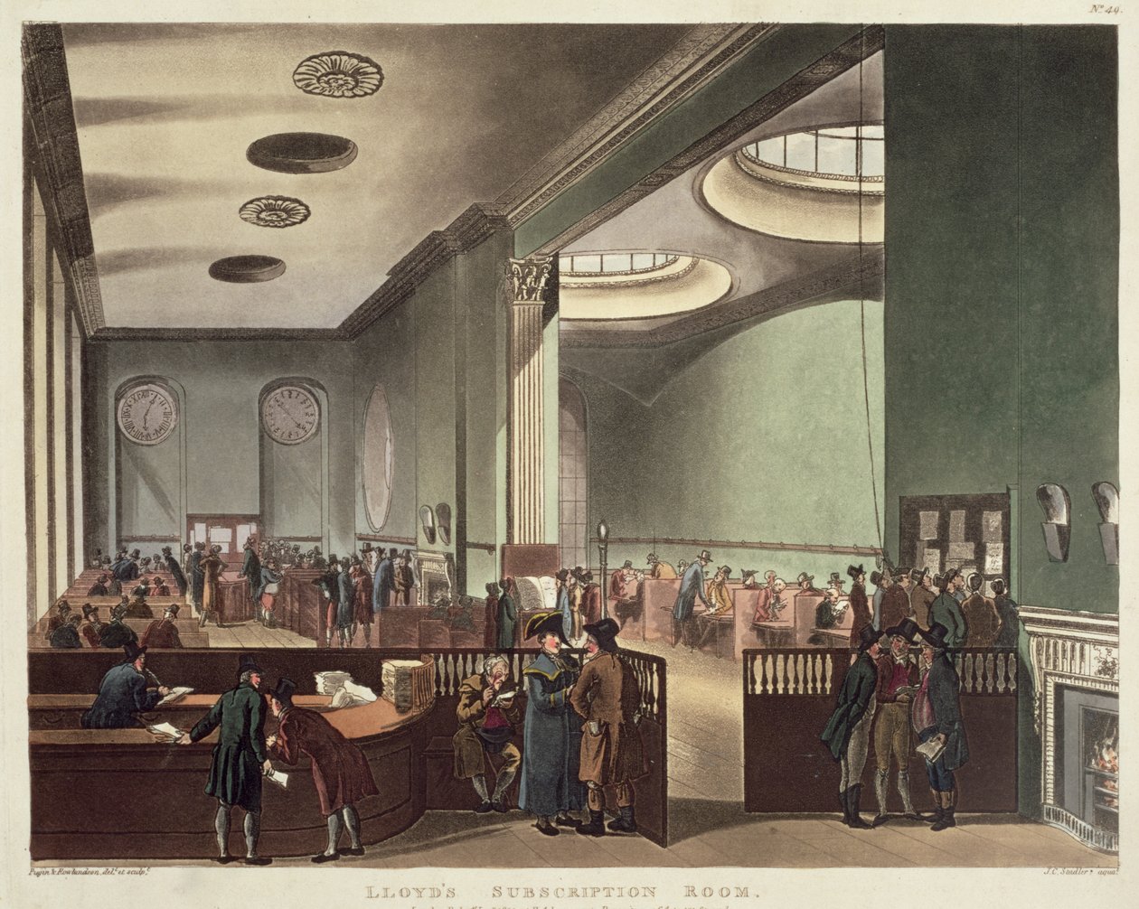 Royal Exchange, Lloyds Subscription Room, do Microcosmo de Londres de Ackermann, 1809 (cor aquatinta) de Pugin and Rowlandson