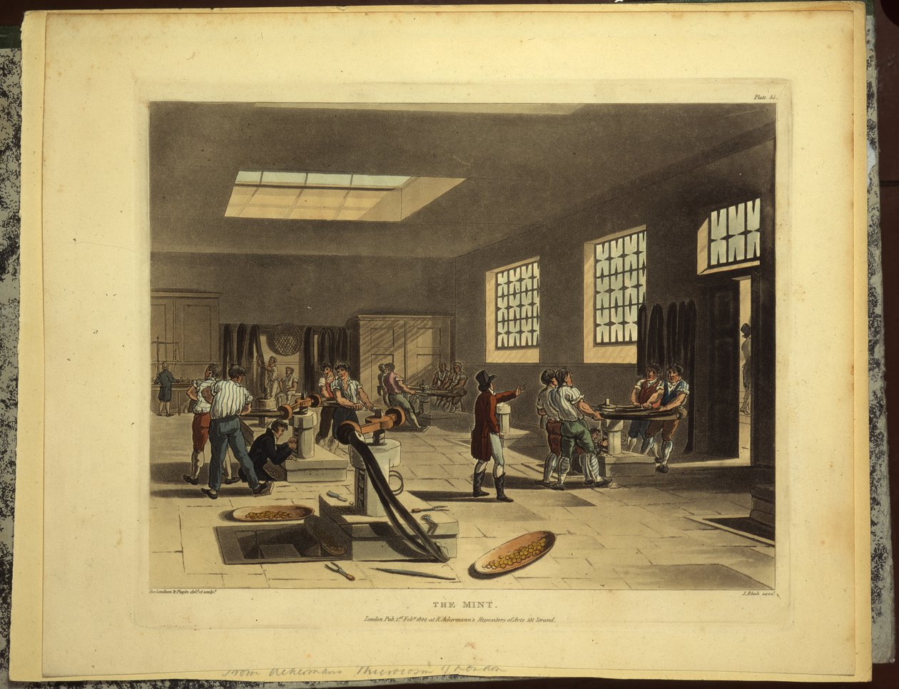 Prensas de parafuso no Royal Mint in the Tower, publicado por R. Ackerman, 1809 de Pugin and Rowlandson
