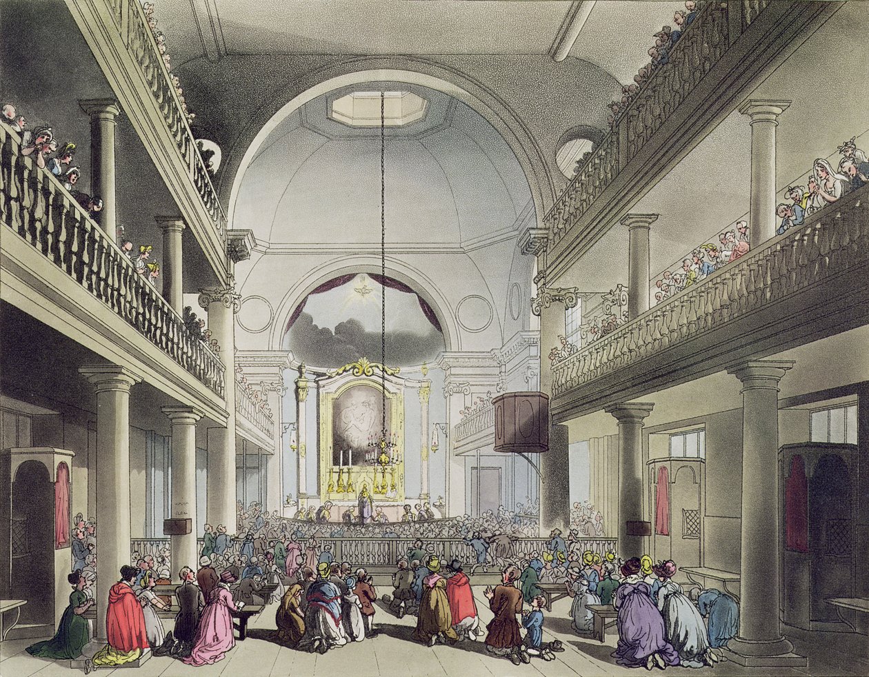 A capela católica romana, Lincolns Inn Fields, do "Microcosmo de Londres de Ackermann", gravada por John Bluck (fl.1791-1819), 1808 (aquatint) de Pugin and Rowlandson