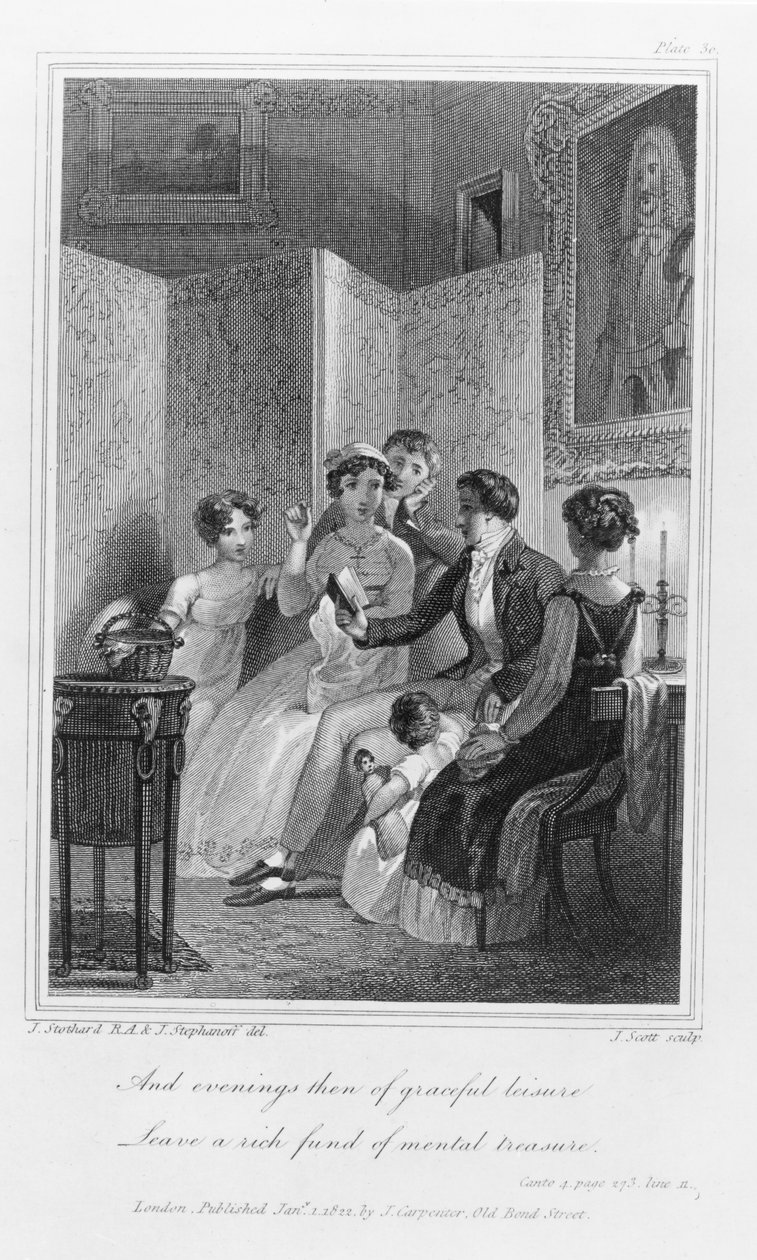 Cena de família - noite na sala de estar, de &39;The Social Day&39; por Peter Coxe, gravada por J. Scott, publicada em 1822 de T. and Stephanoff, J. Stothard