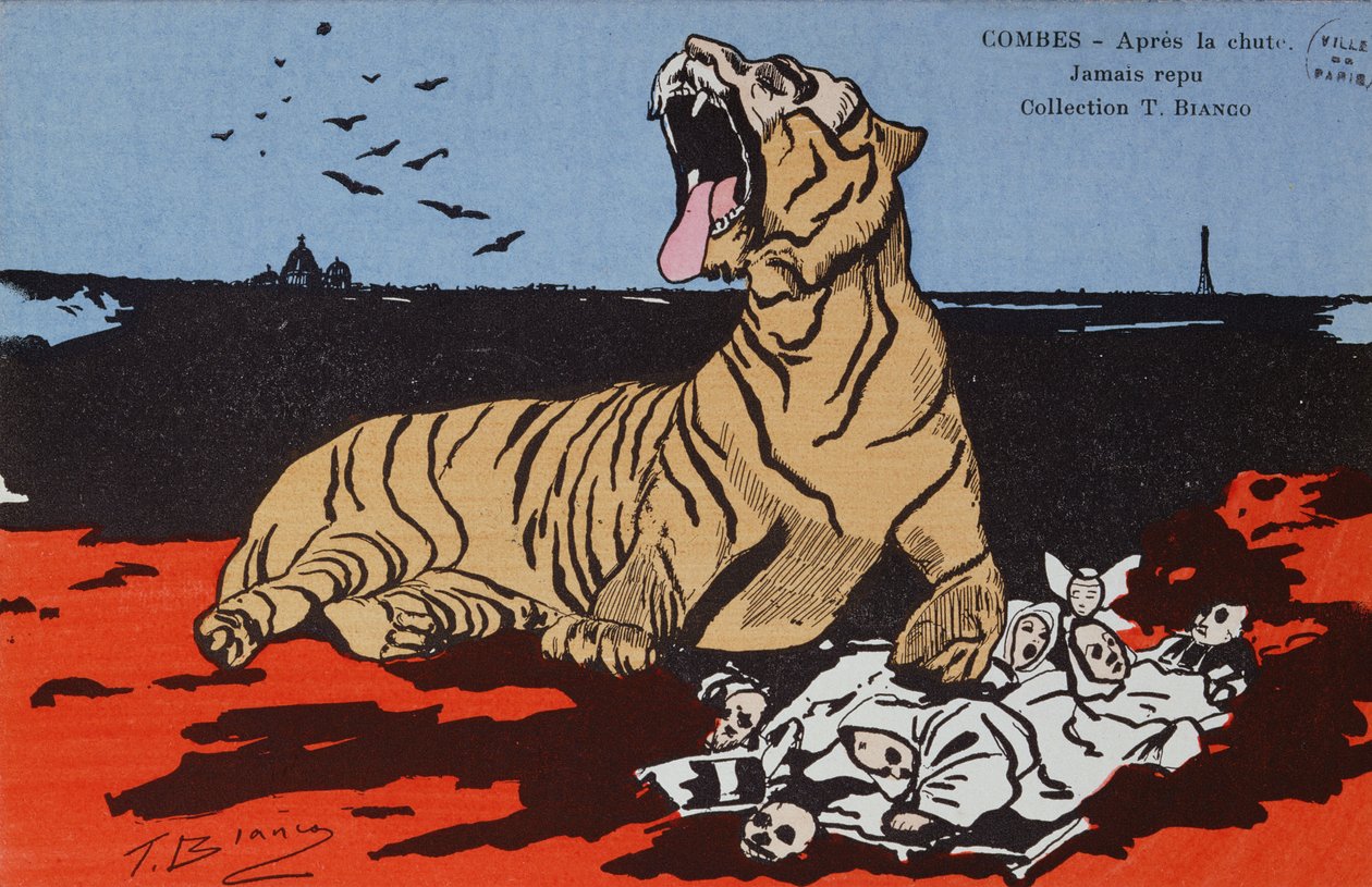Caricatura de Justin-Louis-Emile Combes (1835-1921) como um tigre comendo os clérigos, capa de &39;l&39;Almanach du Rire&39;, 1903 de T. Bianco