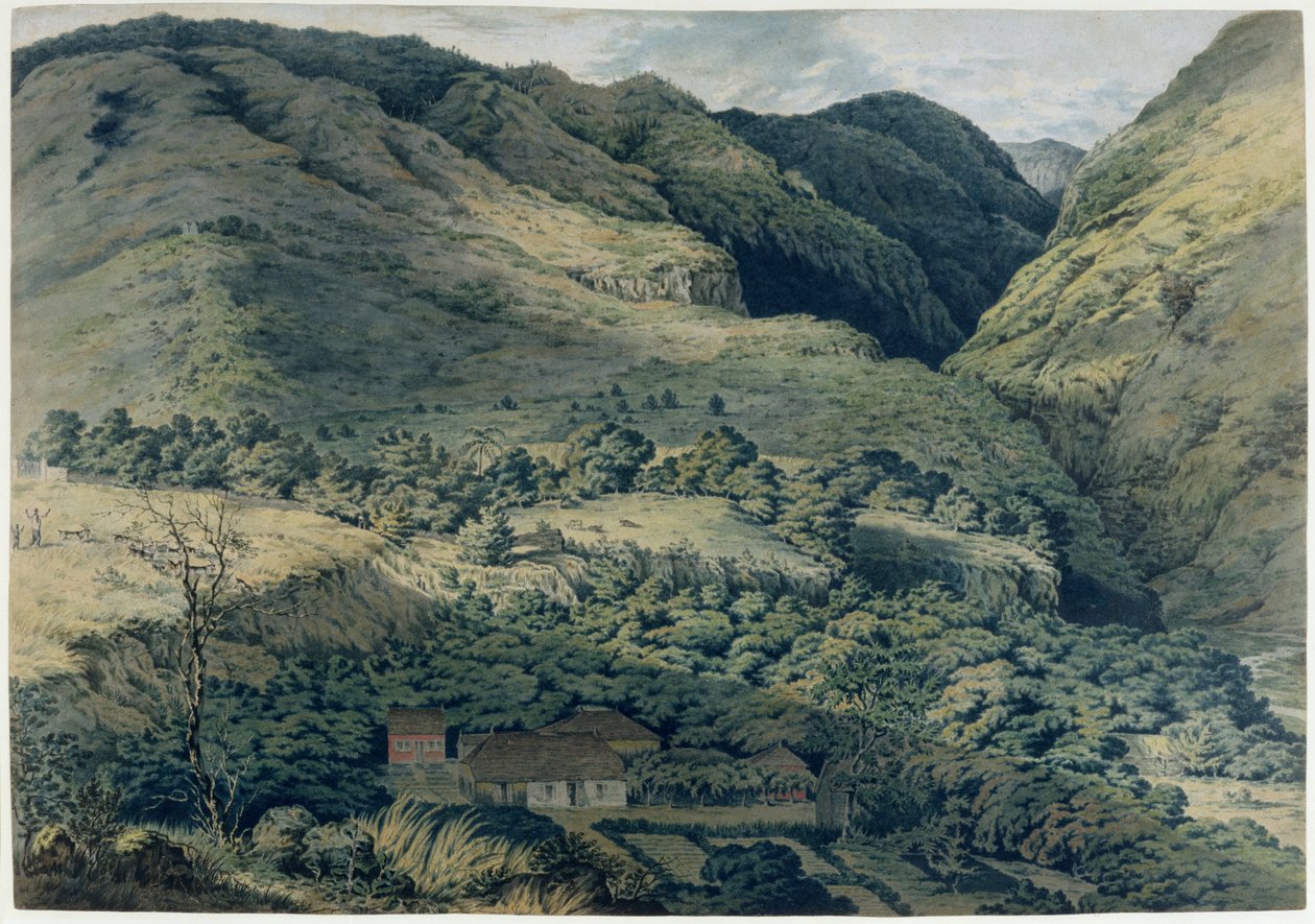 Barranco e rio em St. Denis, Bourbon, 1814 de T. Bradshaw