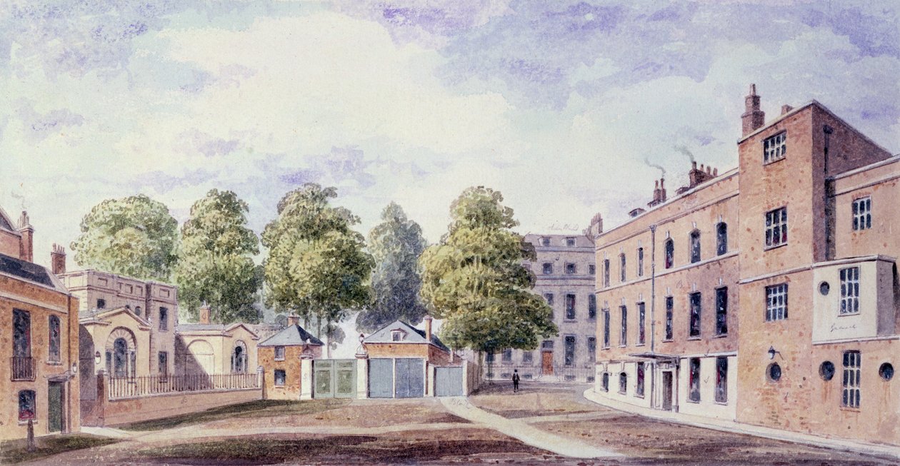 Vista, de, whitehall, quintal, 1828 de T. Chawner