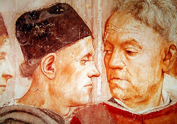 Detalhe de dignitários, da Ressurreição do Filho de Teófilo e São Pedro, entronizado como primeiro bispo de Antioquia, c.1427 e c.1484-85 de Tommaso Masaccio