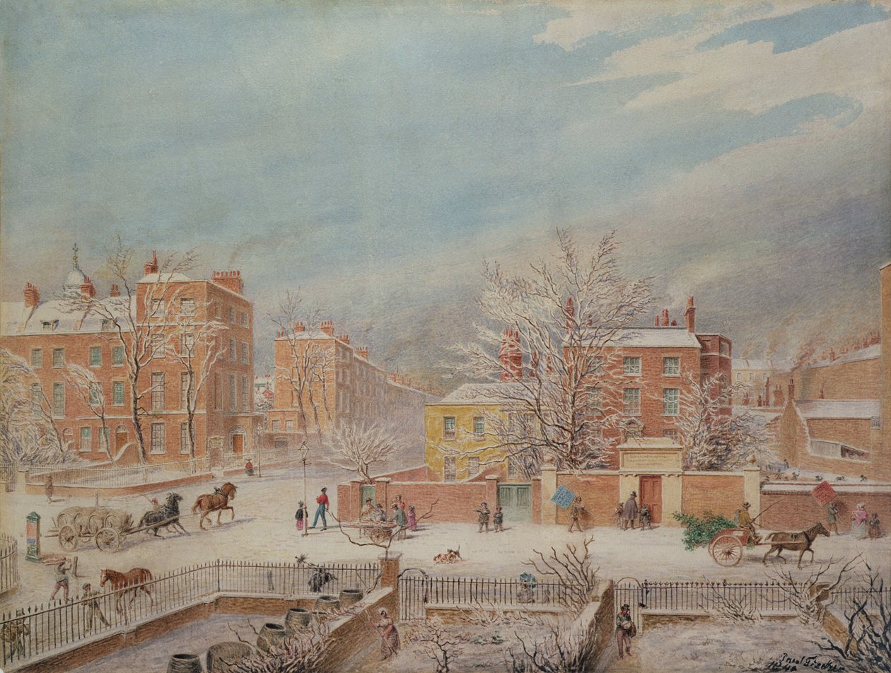 Marylebone Road no cruzamento com Lisson Grove e Stingo Lane mostrando a escola de filologia no inverno de 1849 de T. Paul Fisher