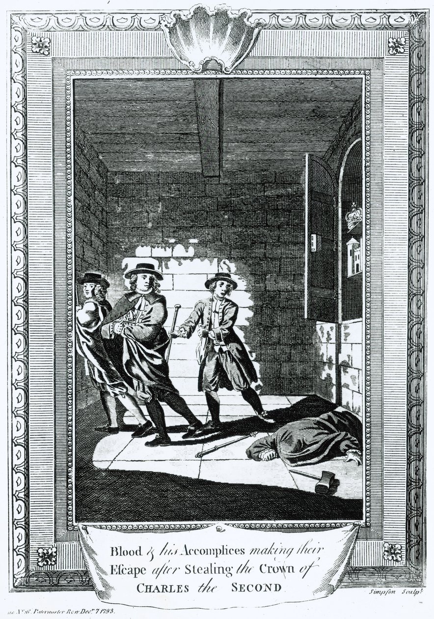 Sangue e seus cúmplices fazem sua fuga depois de roubar a coroa de Carlos II, 1793 de T. Simpson