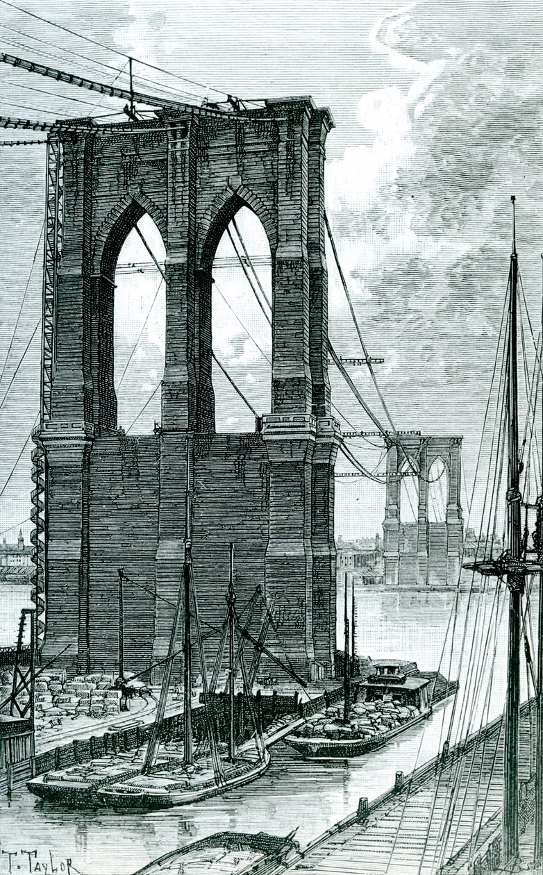 Ponte de Brooklyn em construção, desenhada depois de uma fotografia, 1878 de T. Taylor