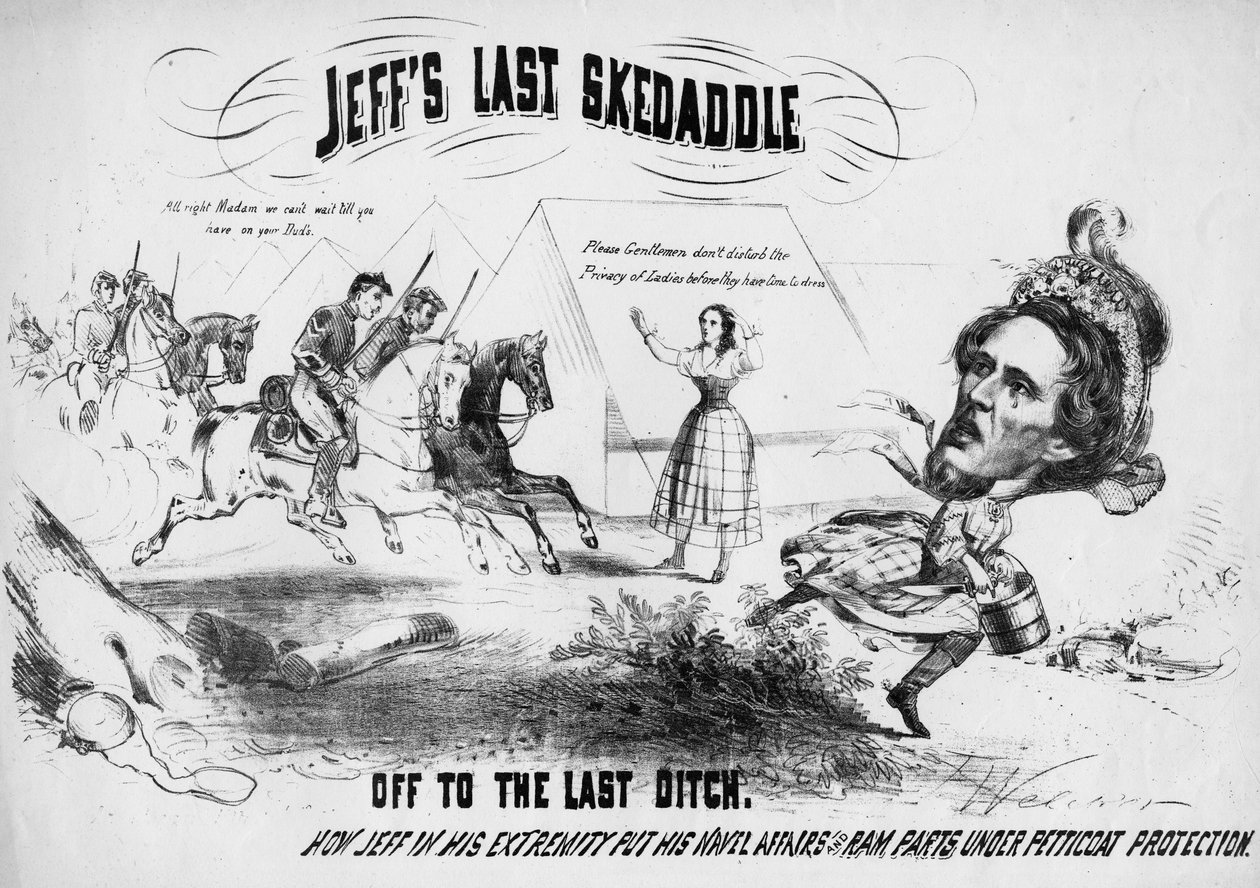 Acima: Jeffs última skedaddle, Abaixo: Off para a última vala: como Jeff em sua extremidade colocou seus assuntos de umbigo e partes de ram sob proteção de anágua, c.1865 de T. Welcker