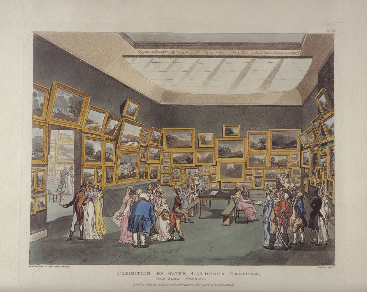 Exposição de Desenhos Coloridos da Água, Old Bond Street, placa 34, da Ackermanns Microcosm of London, ou, London in Miniature, publicada por Rudolph Ackermann (1764-1834) gravada por Joseph Constantin de T. and Pugin Rowlandson