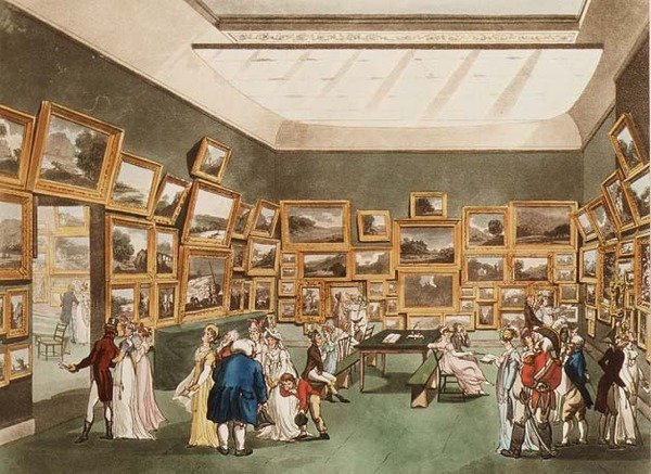 Old Bond Street: Exposição de desenhos em aquarela de Ackermanns Microcosm of London de T. and Pugin Rowlandson