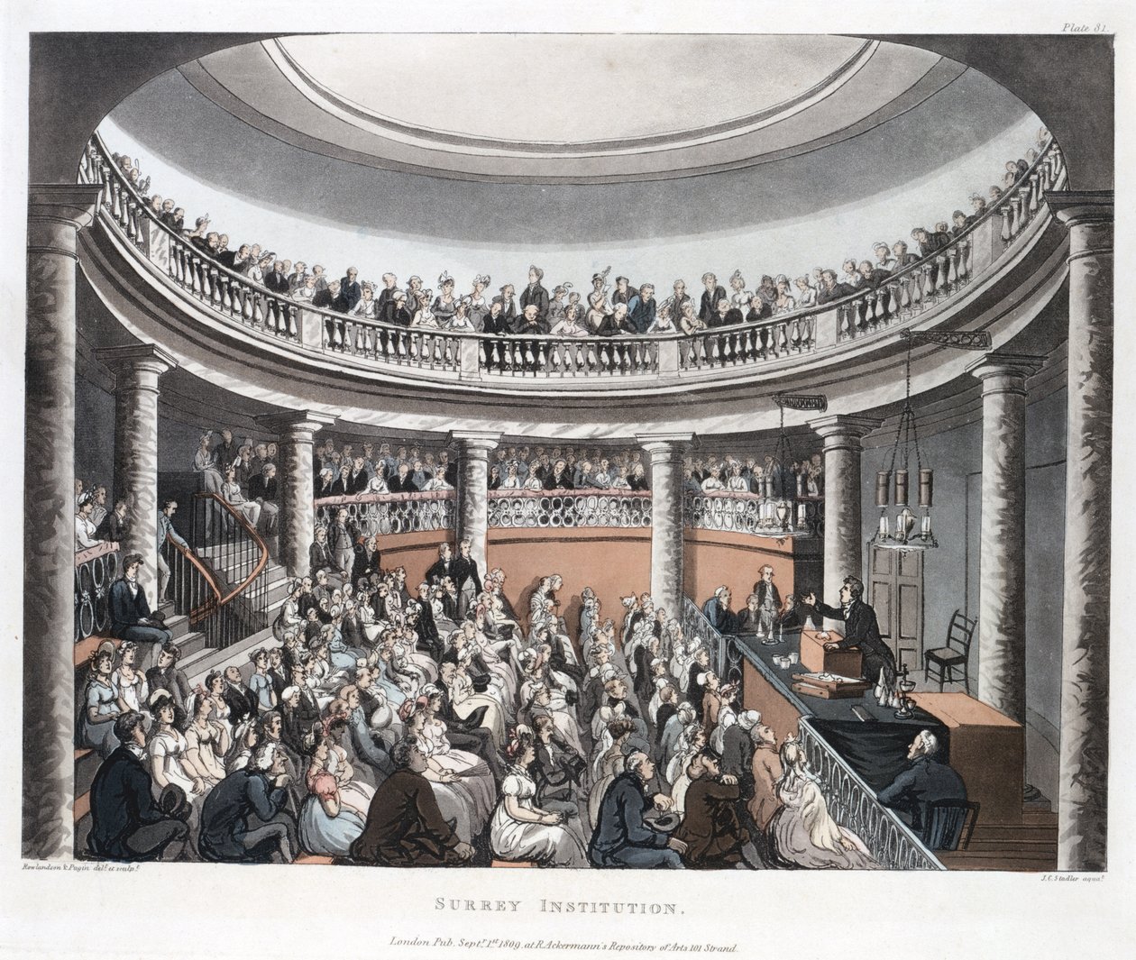 Instituição Surrey, Blackfriars, de Ackermanns Microcosmo de Londres, gravado por Joseph Constantine Stadler (fl.1780-1812) 1808 (aquatinta colorida) de T. and Pugin Rowlandson