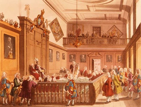 O Tribunal de Cavalaria em sessão no Tribunal de Marechal de Earl no Colégio de Armas de Ackermanns Microcosmo de Londres, 1809 de T. and Pugin Rowlandson