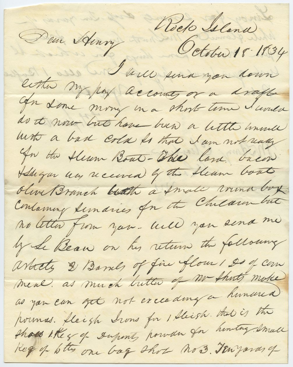 Carta assinada por T.F. Smith, Rock Island, a Henry Chouteau, St. Louis, Mo., 18 de Outubro de 1834 de T.F. Smith