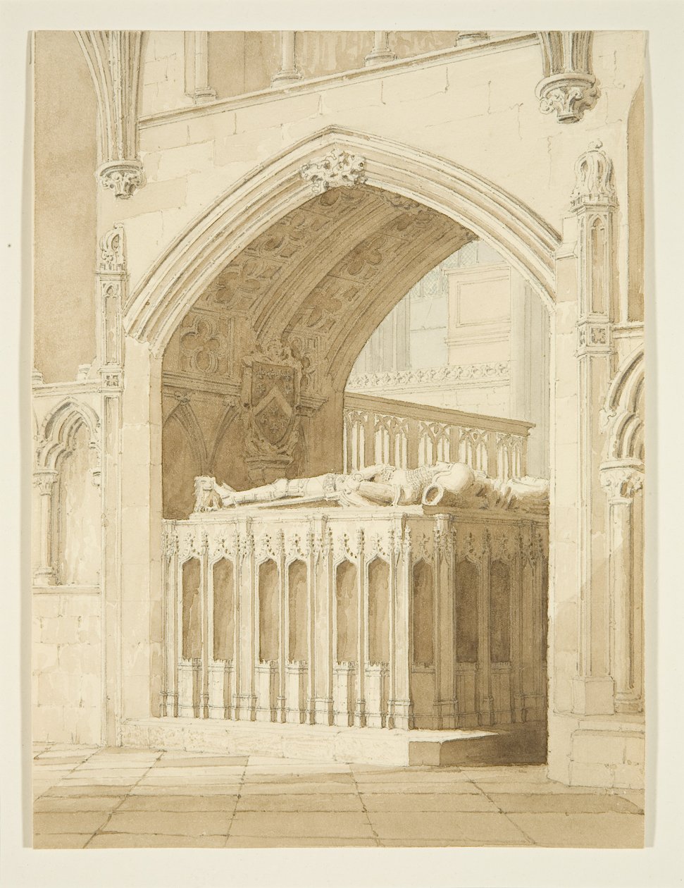Túmulo de Robert Fitzharding, morto em 1170, na Catedral de Bristol (lápis e aguarela sobre papel) de T.H. Clarke