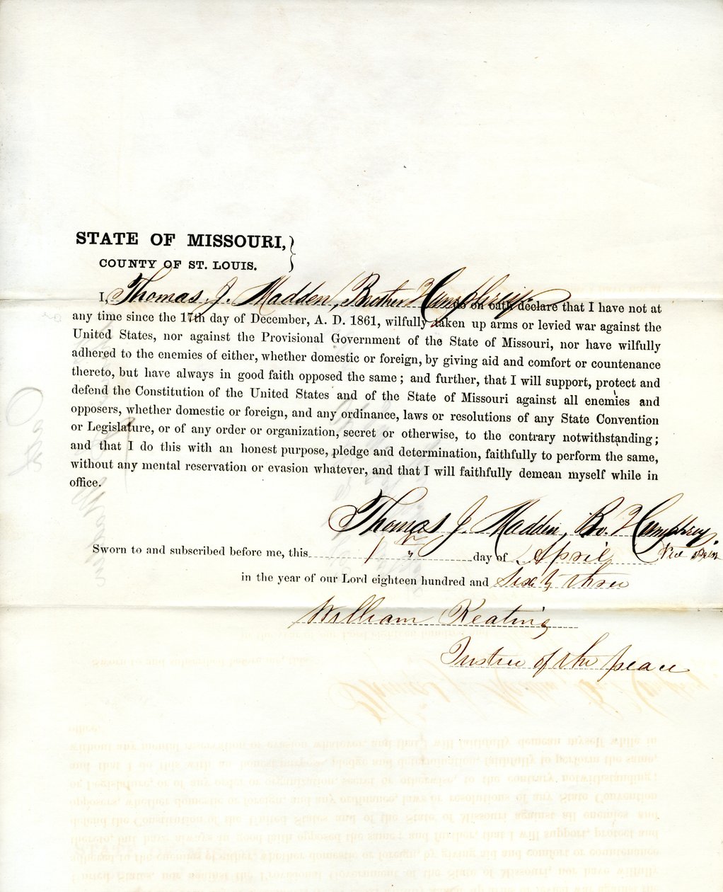 Juramento de lealdade de Thomas J. Madden do Missouri, Condado de St. Louis de T.J. Madden