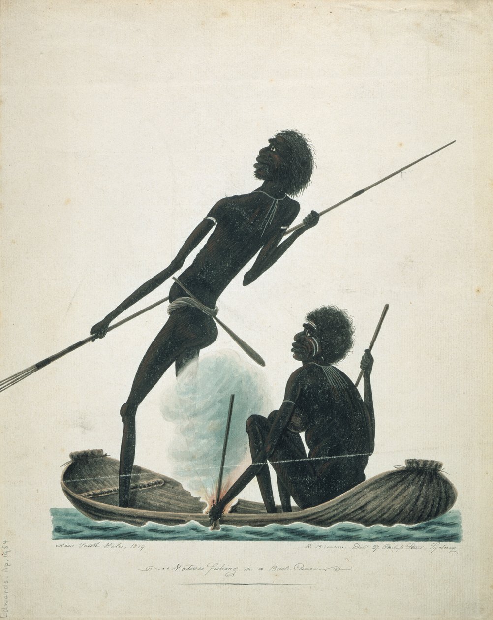 Nativos pescando em uma canoa de casca, 1819 de T.R. Browne