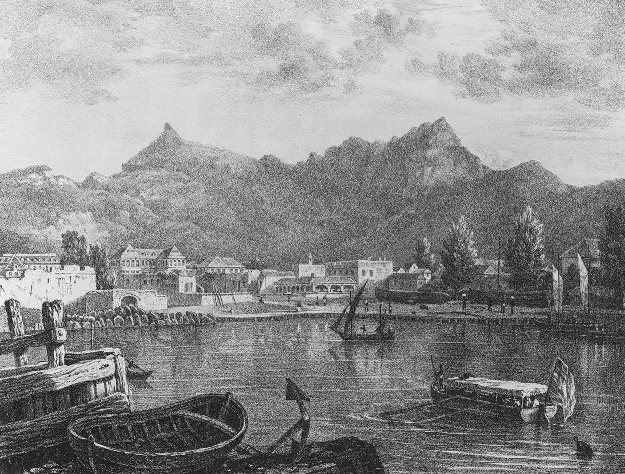 Port Louis, Maurícia, do lado oriental do porto, c.1830 (litografia) de T. (after) Bradshaw