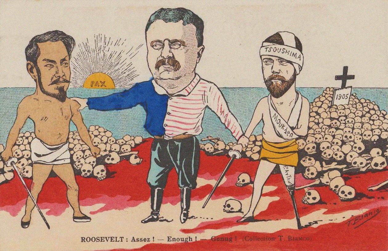 Roosevelt: Assez! - O suficiente! - Genu! Uma caricatura do Tratado de Portsmouth, 1905. de T. Bianco