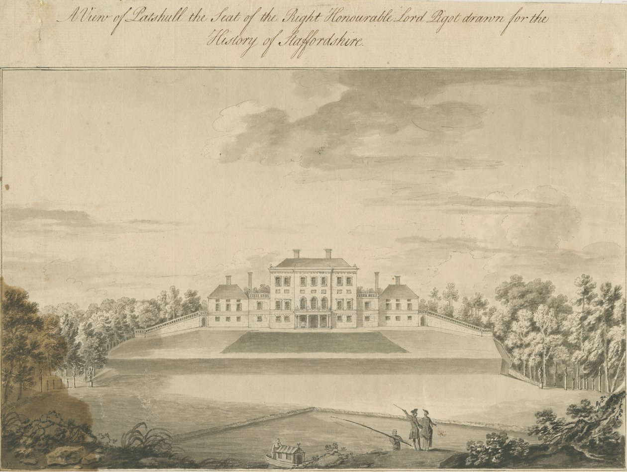 Patshull House: desenho em sépia, nd [final do século XVIII] de T Carter