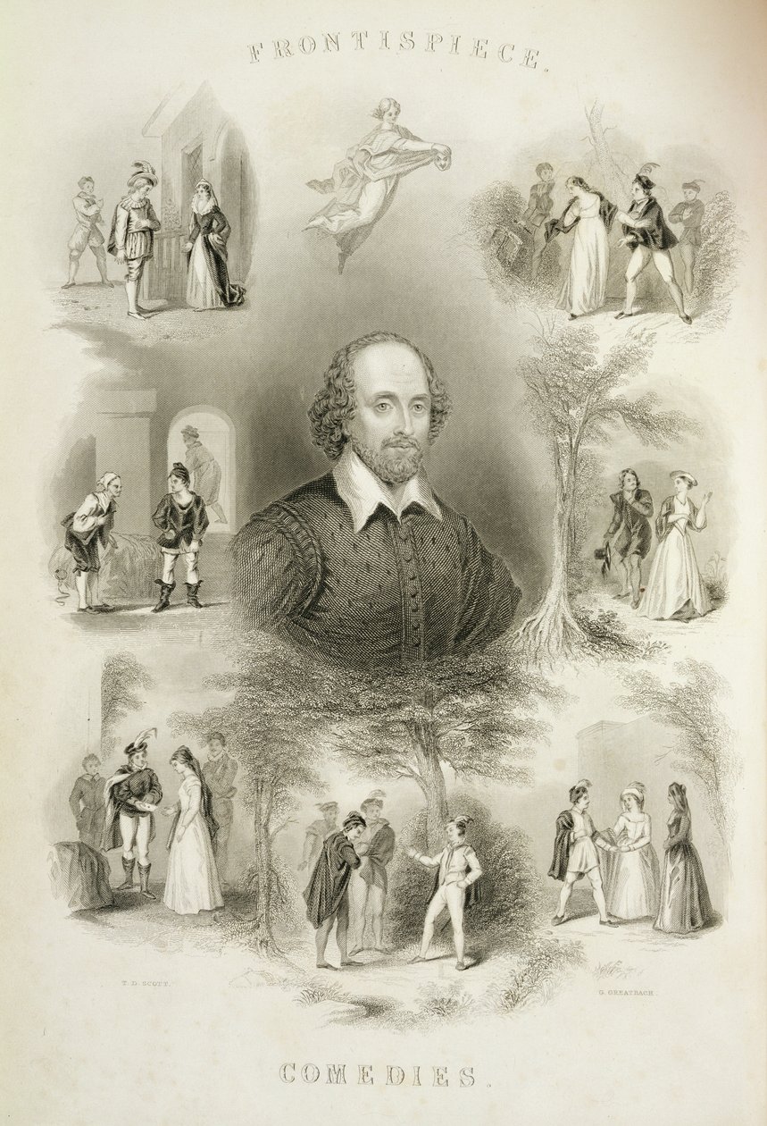 Frontispício para as &39;Comédias&39;, de &39;The Complete Works of Shakespeare&39;, revisado por JO Halliwell, gravado por G. Greatbach, século XIX de T. D. Scott