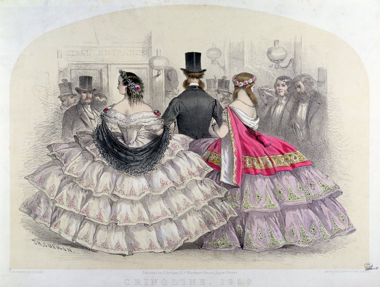 Senhoras vestindo Crinolines na Royal Italian Opera, Covent Garden, 1859 (gravura a cores) de T. H. Guerin