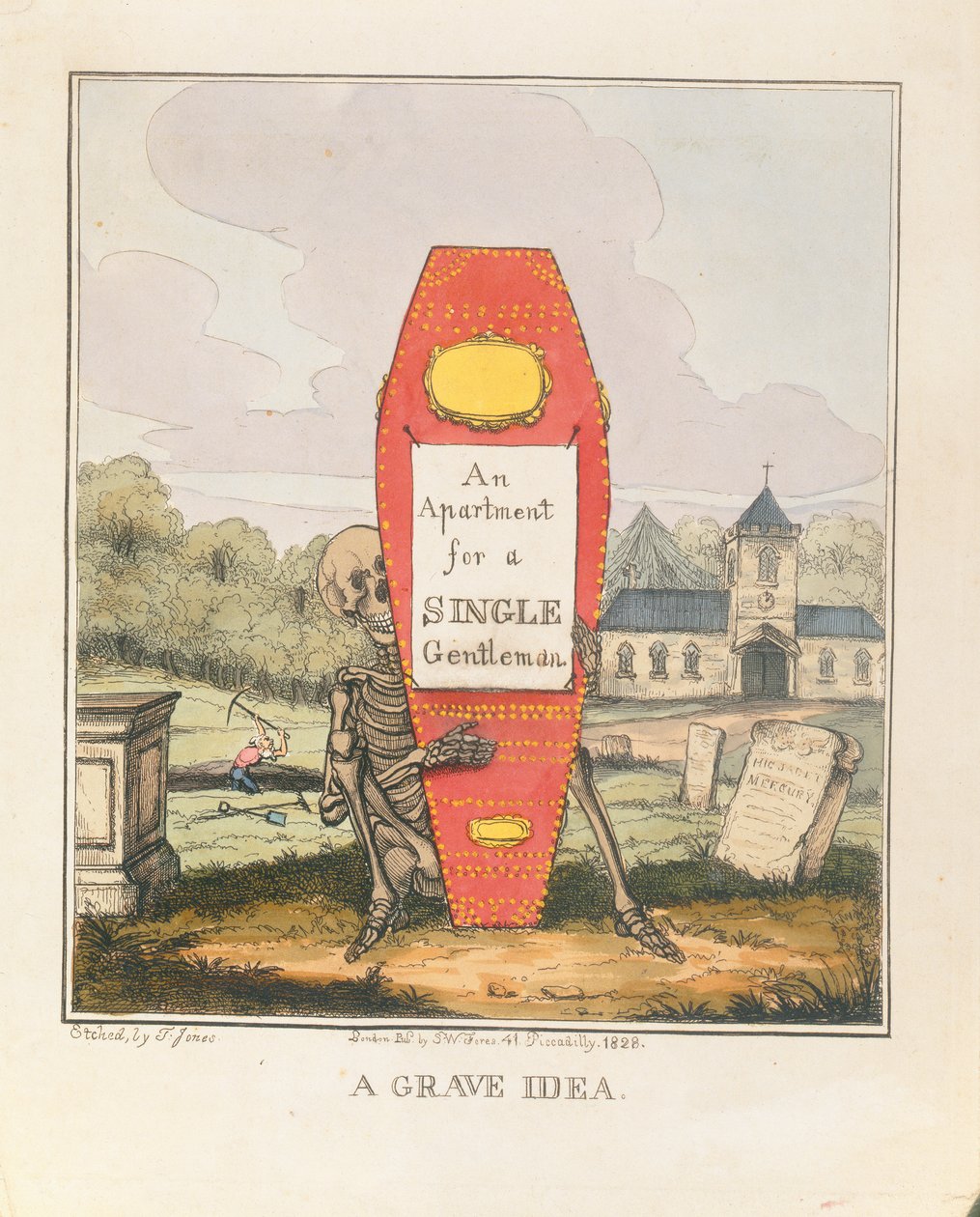 Uma Idéia Grave: Um Apartamento para um Cavalheiro Individual, pub. 1828 (gravura a cores) de T. Hampson Jones