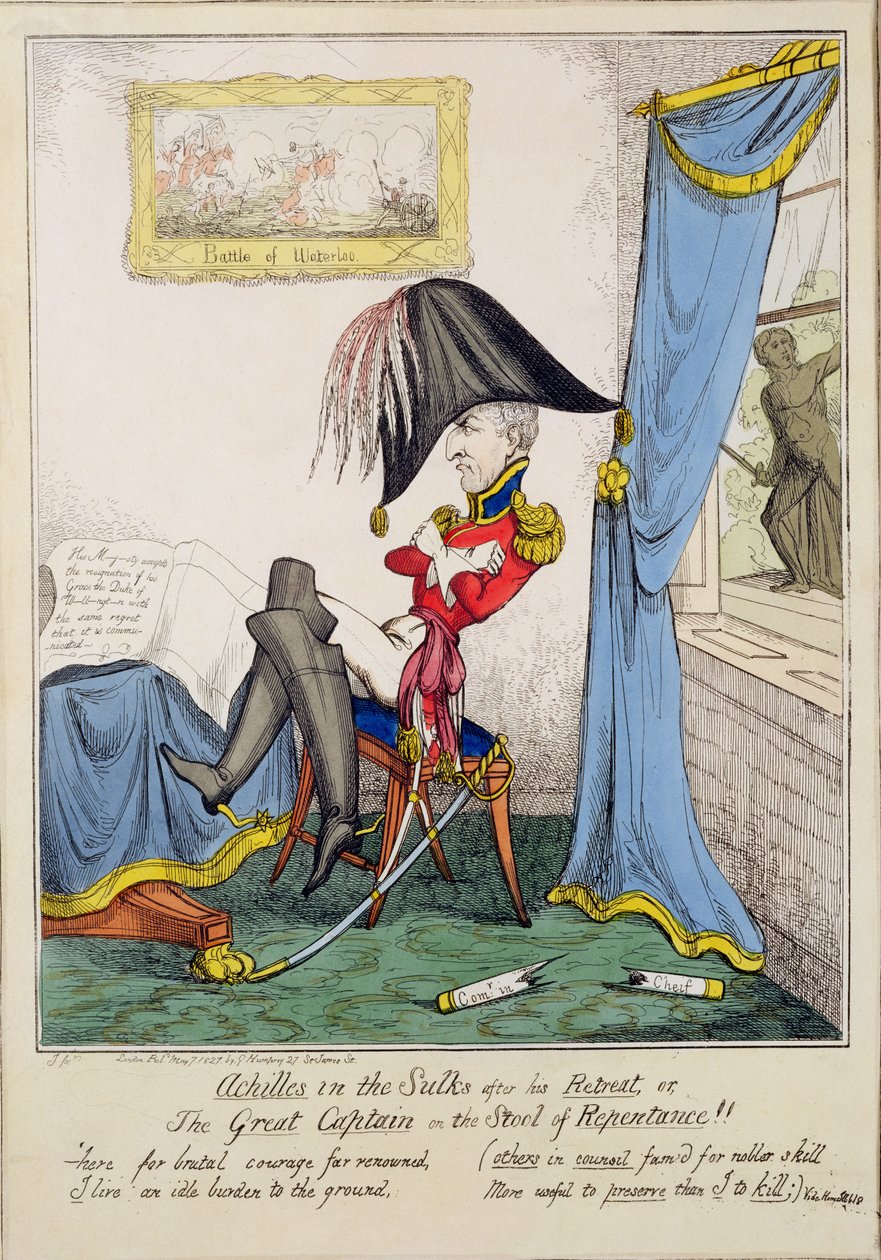 Achilles in the Sulks After His Retreat ou, The Great Captain on the Stool of Repentance, pub. por G. Humphrey, 7 de maio de 1827 (gravura colorida) de T. Jones