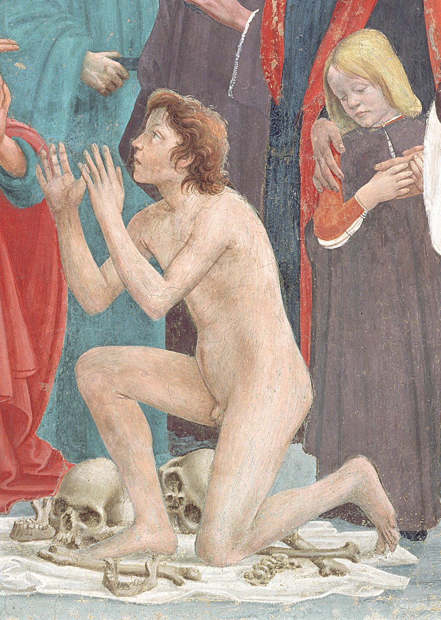 Detalhe da criança ressuscitada, da Ressurreição do Filho de Teófilo e São Pedro, entronizado como primeiro bispo de Antioquia, c.1427 e c.1484-85 (detalhe de 63302) de Tommaso Masaccio