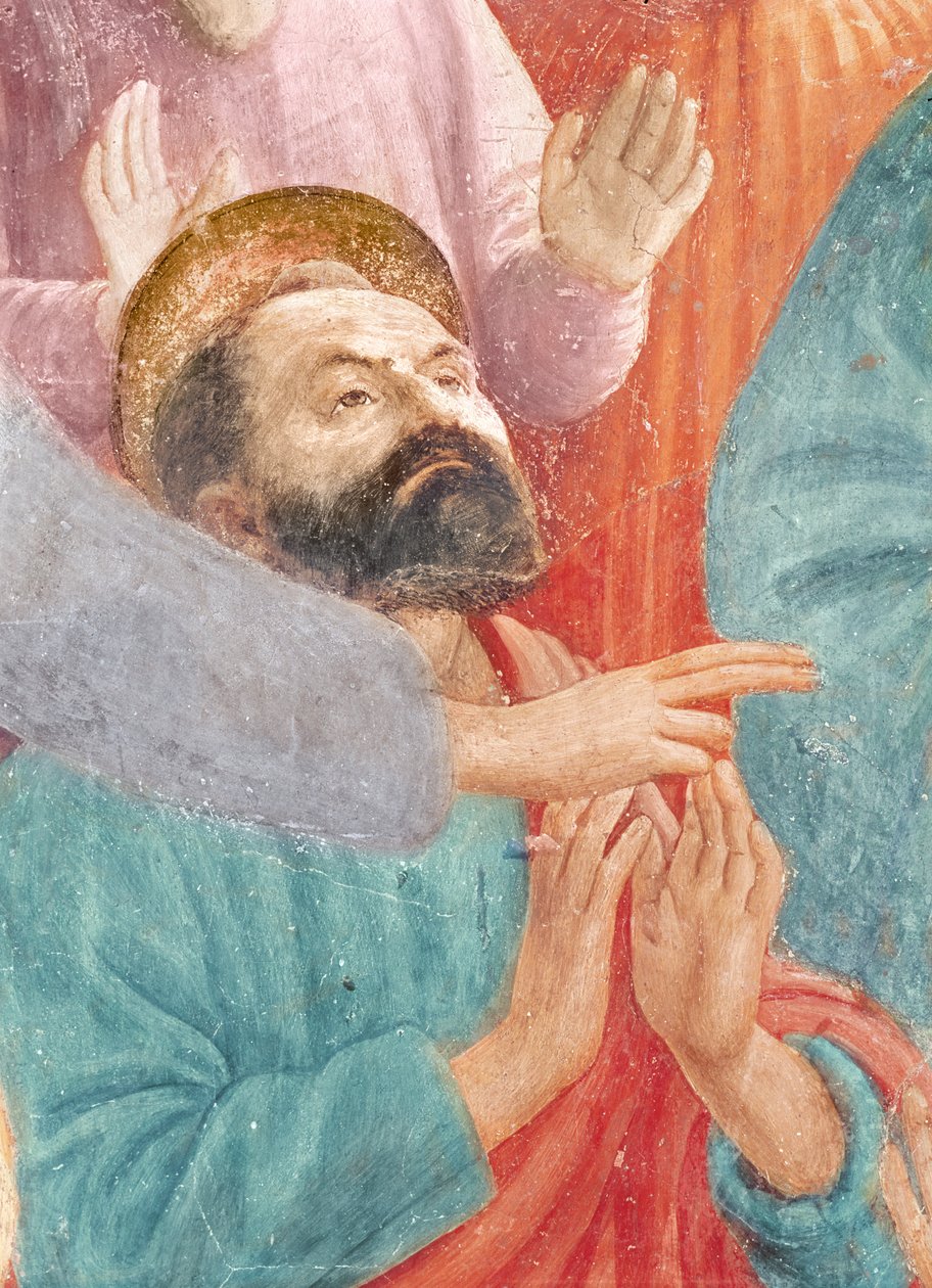 A cabeça de São Paulo, do Raising do Filho de Theophilus, e St. Peter entronizado como primeiro bispo de Antioquia, c.1427 e c.1484-85 (detalhe de 63302) de Tommaso Masaccio