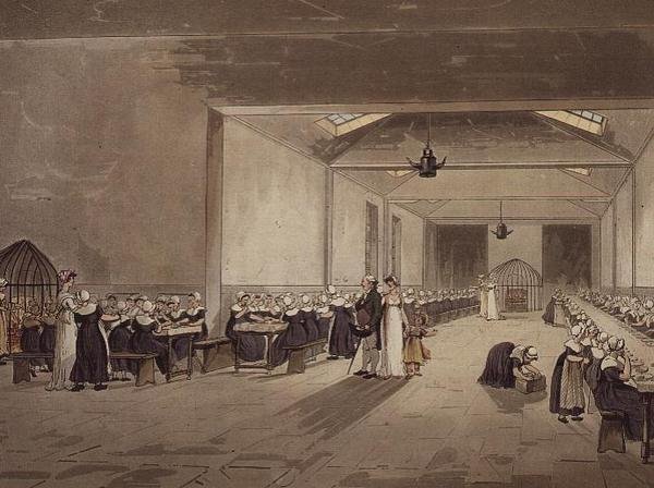 Dining Hall, Asylum, do "Microcosmo de Londres" de Ackermann de T. and Pugin A.C. Rowlandson