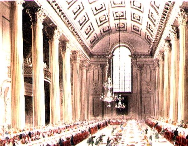 O Salão Egípcio, Mansion House, do "Microcosmo de Londres" de Ackermann de T. and Pugin A.C. Rowlandson
