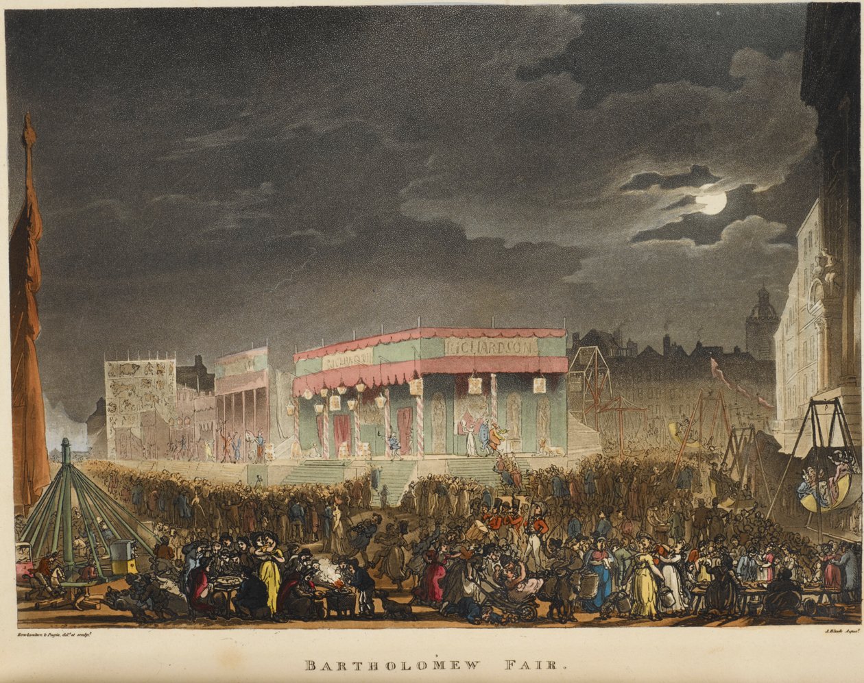 Feira de Bartholomew. Realizada pela primeira vez em 1813, era um evento anual, todos os meses de Agosto perto de Smithfield e era a mais longa feira de teatro de rua de Londres. de T. & Pugin A.C. (1762 1832) (after) Rowlandson