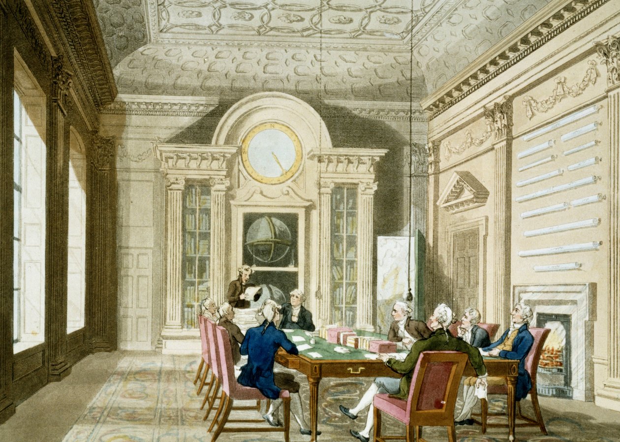 A sala de administração do Almirante britânico. Gravura a cores publicada em 1 de janeiro de T. & Pugin A.C. (1762 1832) (after) Rowlandson