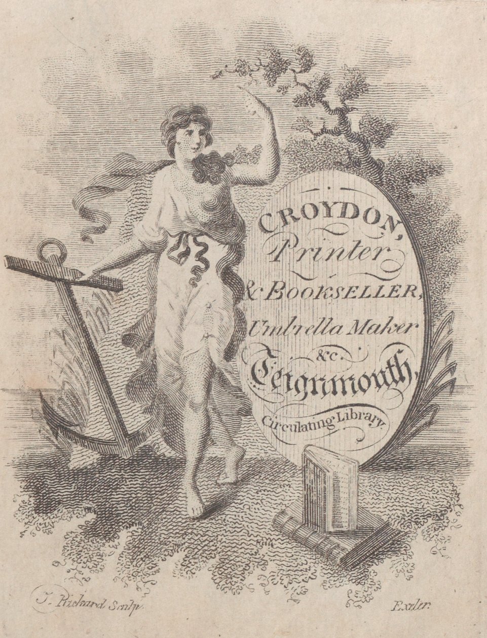 Cartão comercial para Croydon, impressora, livreiro e fabricante de guarda-chuva, século 19., século 19. de T. Rickard