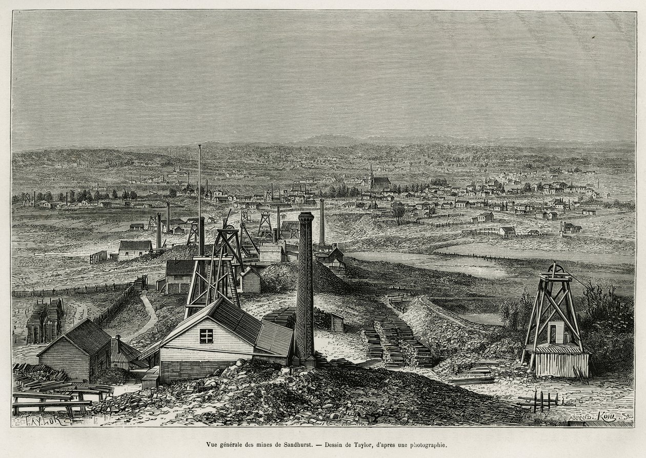 Vista geral das minas de Sandhurst, gravada após um desenho de Taylor, para ilustrar a história seis meses na Austrália, por Desire Charnay, missão do Ministério da Educação Pública, em 1878, publicada no tour du monde, sob a direção de T Taylor