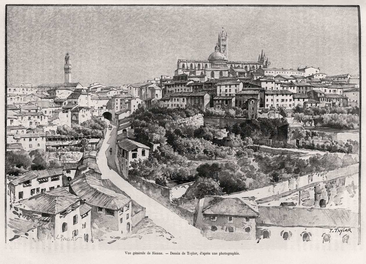 Vista geral de Siena (Itália). Gravura de Taylor para ilustrar a história "A travers la Tuscane" de Eugene Muntz (1845-1902), em Le tour du Monde 1892, dirigido por Edouard Charton (1807-1891), Hachette, Paris. de T Taylor