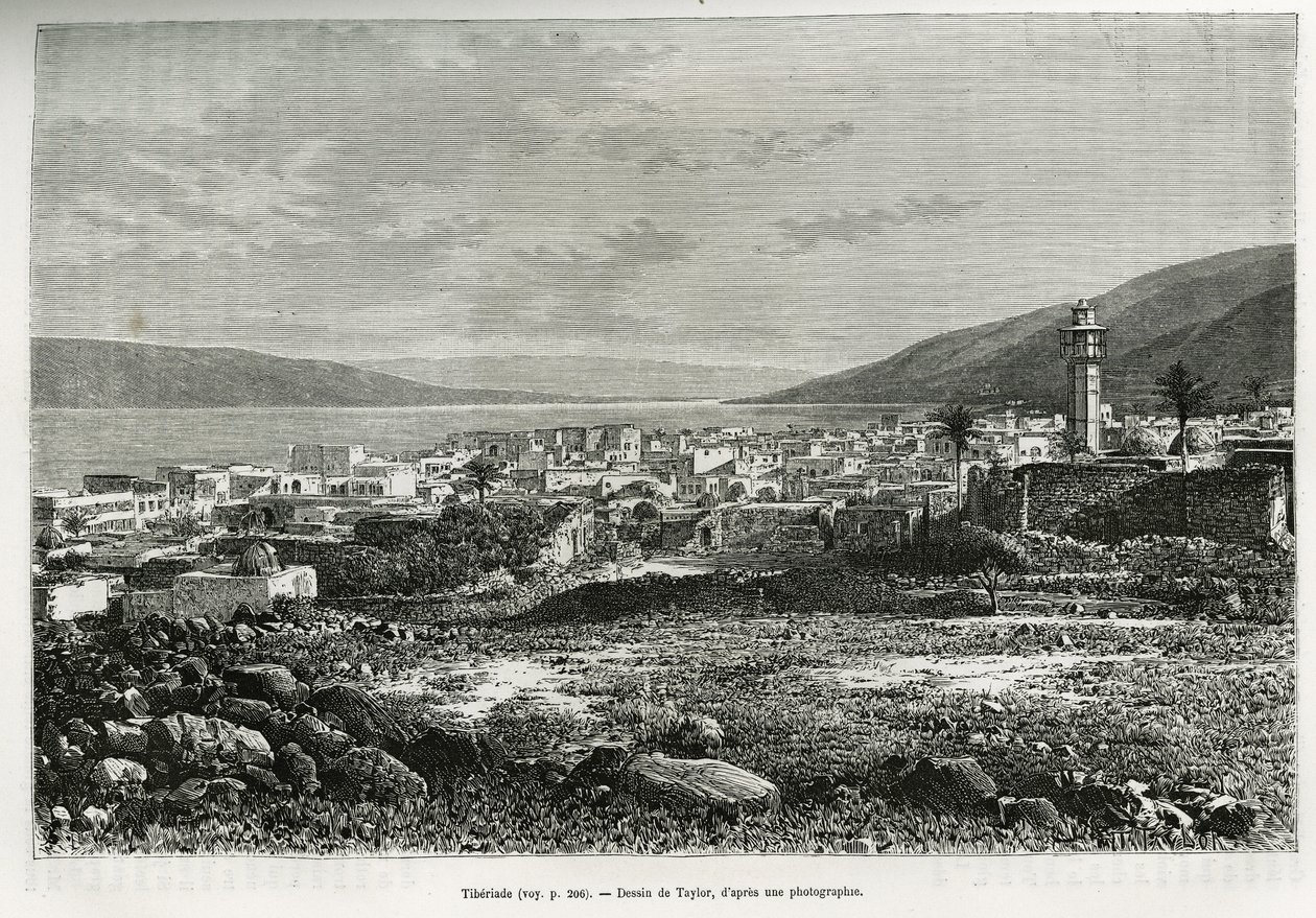Vista geral de Tiberiade (Israel). Gravura de Taylor, para ilustrar a história da Síria de hoje, de M. Lortet, reitor da Faculdade de Medicina de Lyon, encarregado de uma missão científica pelo Ministério da Educação Pública, publicada no Tour du monde, de T Taylor