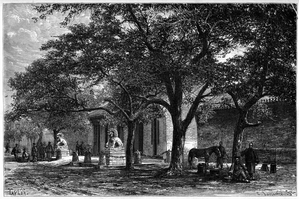 A legação da França entrou em Pekin (Pequim) no século XIX. Gravura de um desenho de Taylor, de uma fotografia do Dr. Morache, em "Le Tour du Monde, Nouveau journal des Voyages", editado por Edouard Charton, Paris. de T Taylor