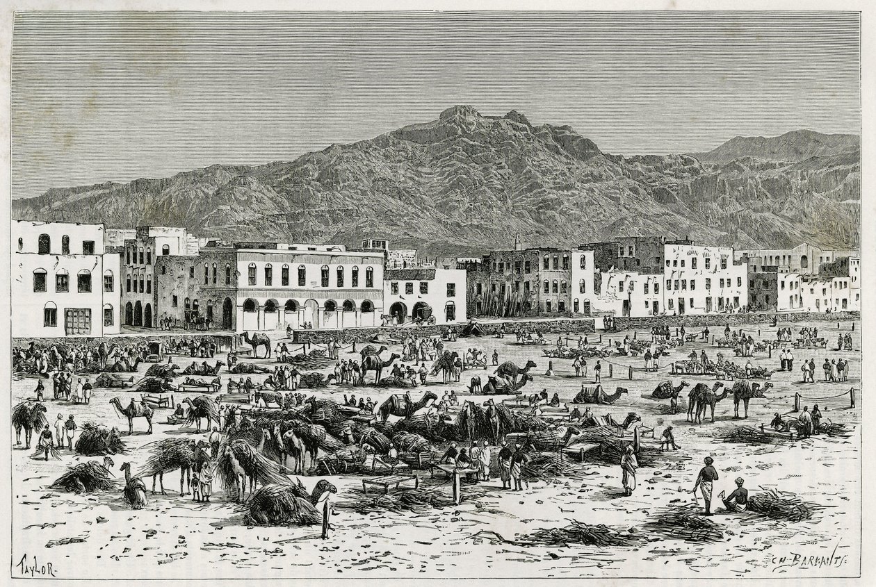 A marcha de Aden (Iémen). Gravura de Taylor, para ilustrar a história "Viagem a Benadir, Somalis e Bayoun", em 1882- 1883, de M.G.Revoil. Publicado em Le Tour du monde, nouveau journal des voyages. de T Taylor