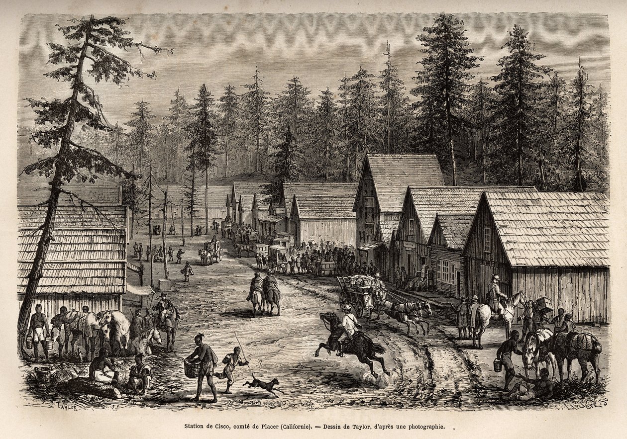 A estação de Cisco, Conde de Placer (Nevada), onde se pode apanhar o comboio expresso da Pacific Railway (Pacific Railway), gravada após o desenho de Taylor, ilustrando a viagem de Washington a São Francisco em 1868, por L. Simonin, publicada em "L de T Taylor