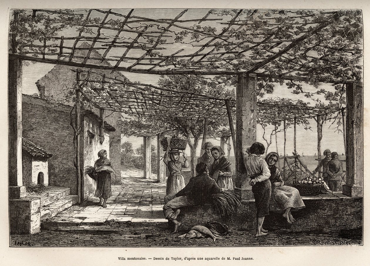 Villa Menton, gravura após o desenho de Taylor, ilustrando a viagem de Menton e Bordhighera, em 1871, de Adolphe Joanne, publicada em "Le tour du monde" 1874, editada por Edouard Charton, edição Hachette, Paris. Coleção Selva. de T Taylor
