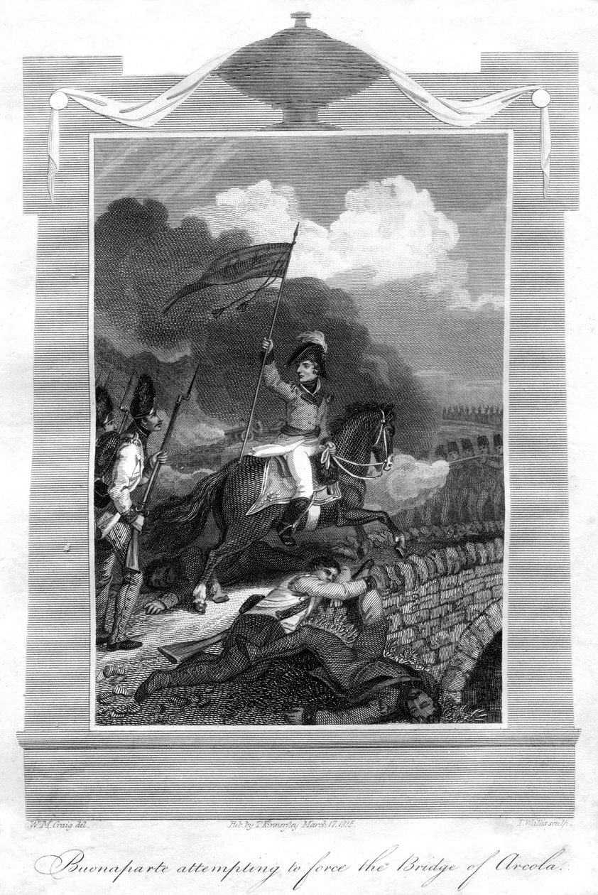 Napoleão Bonaparte tentando forçar a ponte de Arcola, 1816. de T. Wallis