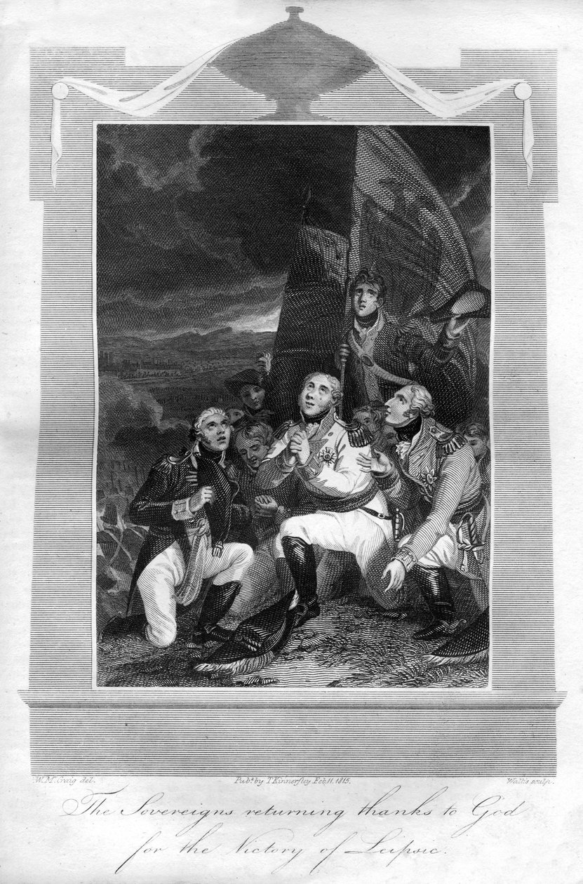 Os soberanos voltando graças a Deus pela vitória de Leipzig, 1816. de T. Wallis