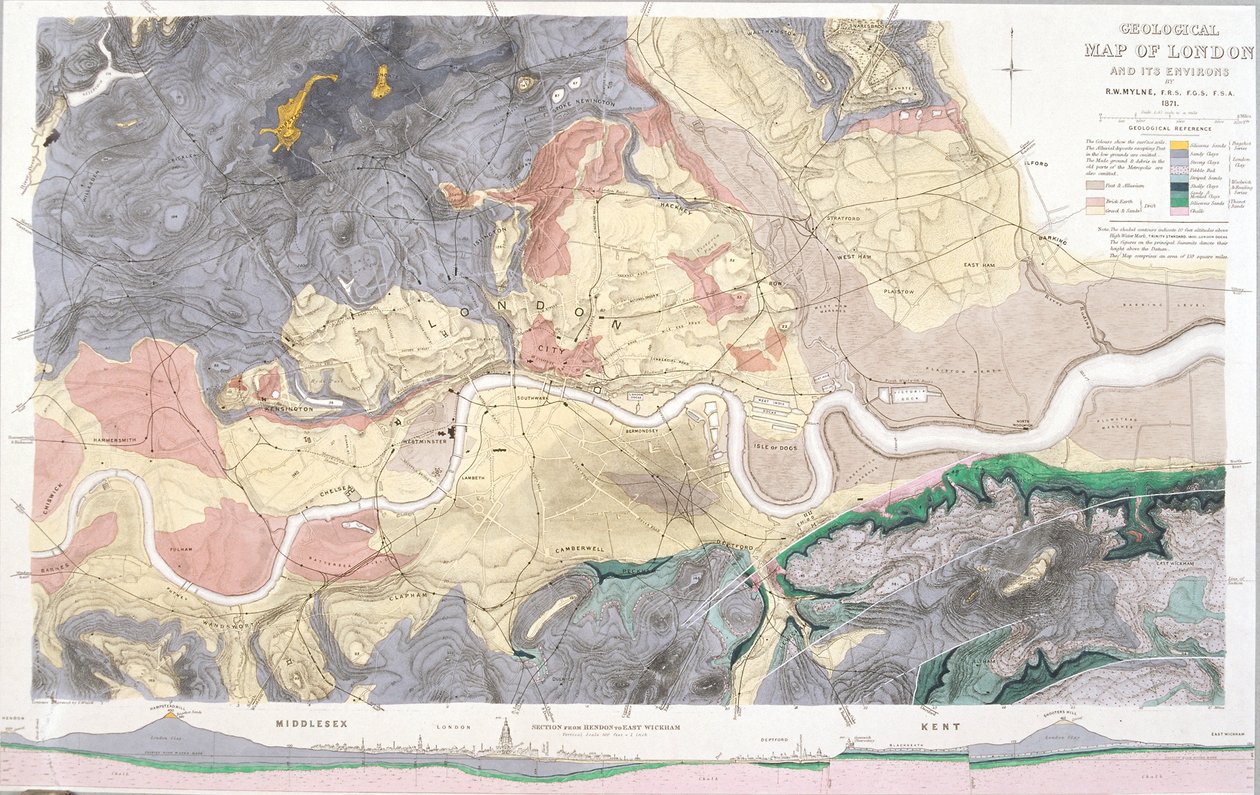 Mapa geológico de Londres e arredores, 1871 de T Walsh