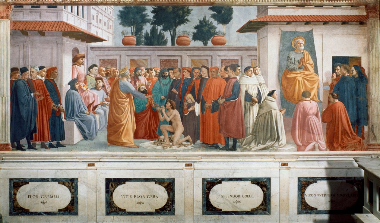 A Ressurreição do Filho de Teófilo, o Rei de Antioquia, e São Pedro Entronizado como Primeiro Bispo de Antioquia, c.1427 e c.1480 (fresco) de T. Masaccio, F. Lippi